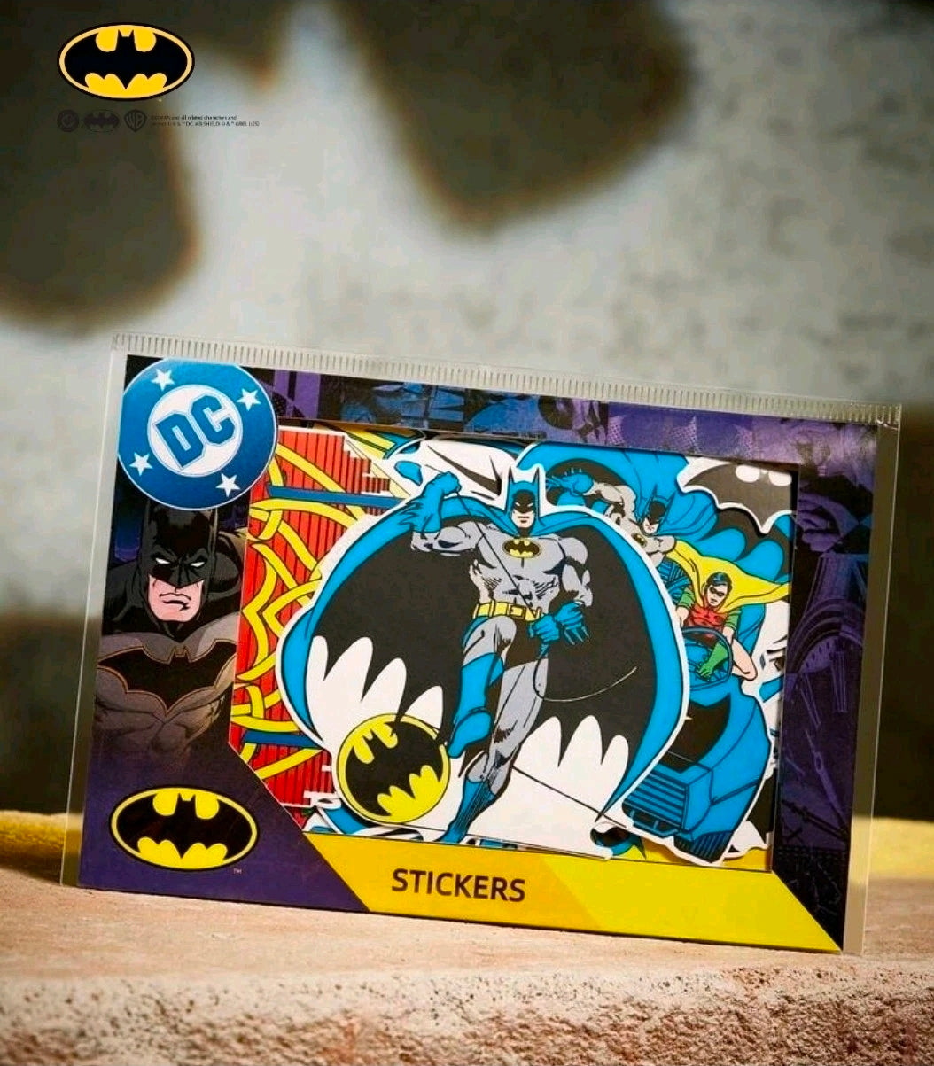Batman decal sticker pack in box, showing Batman and DC logos