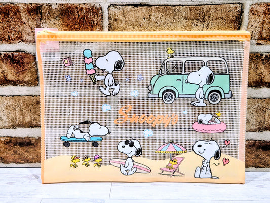 Snoopy Peanuts A4 Mesh Zip Pouch Pencil Case Clear Kawaii Stationery Bag Charlie Brown Woodstock