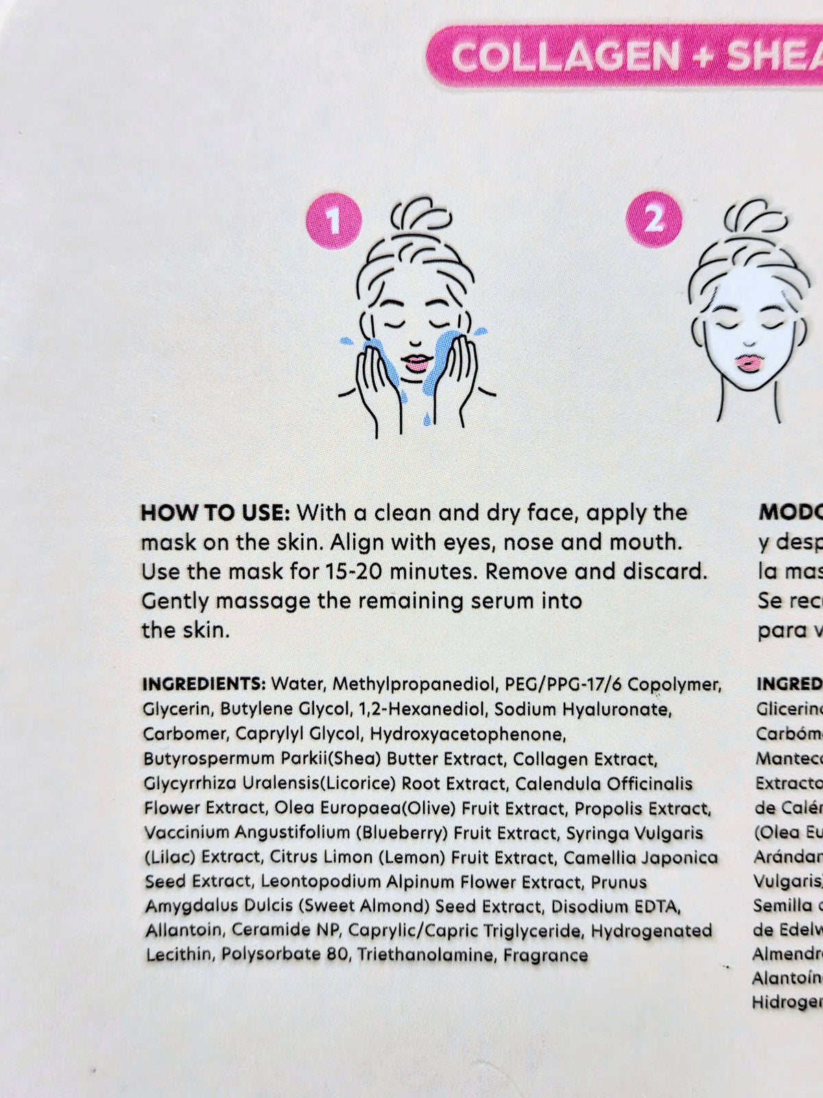 Collagen + shea butter sheet mask directions with facial step diagrams
