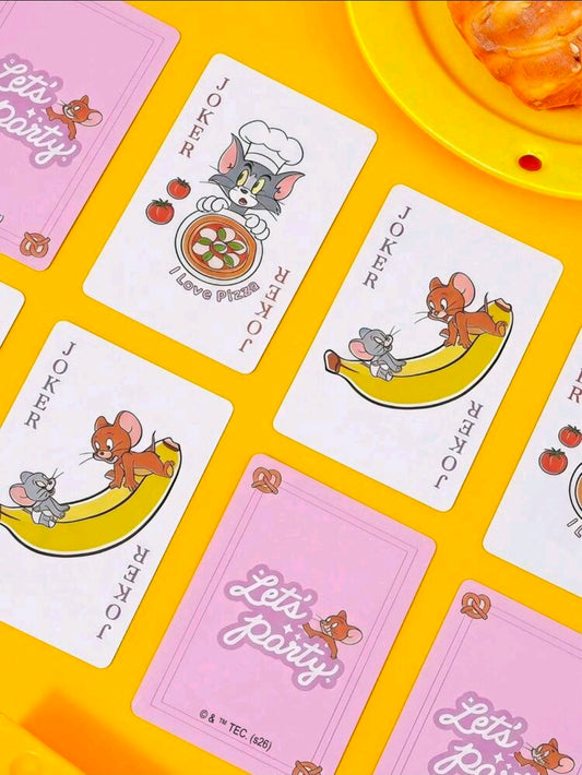 Close-up of Tom & Jerry playing card faces, including “I Love Pizza” and joker design