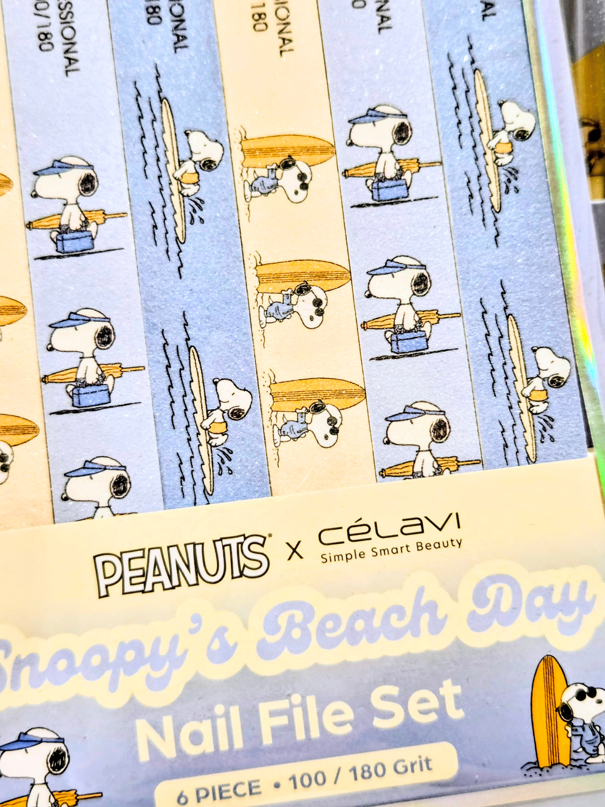 Peanuts x Celavi nail file set box showing Snoopy beach characters and title