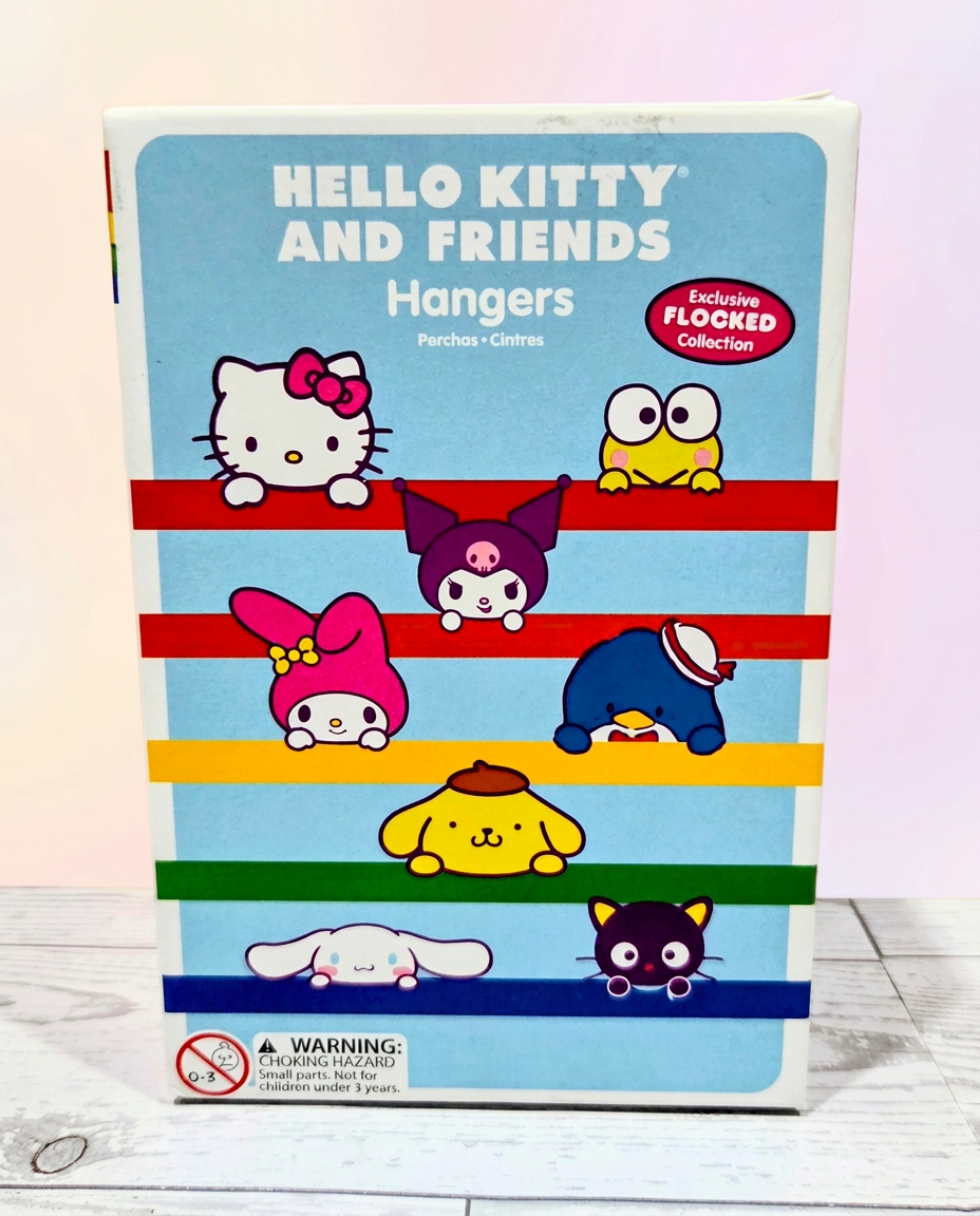 Hello Kitty and Friends flocked keychain hangers display box with logo and characters.