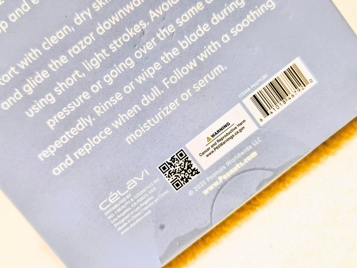 Celavi nail tools box back panel with barcode, QR code, and warning icon