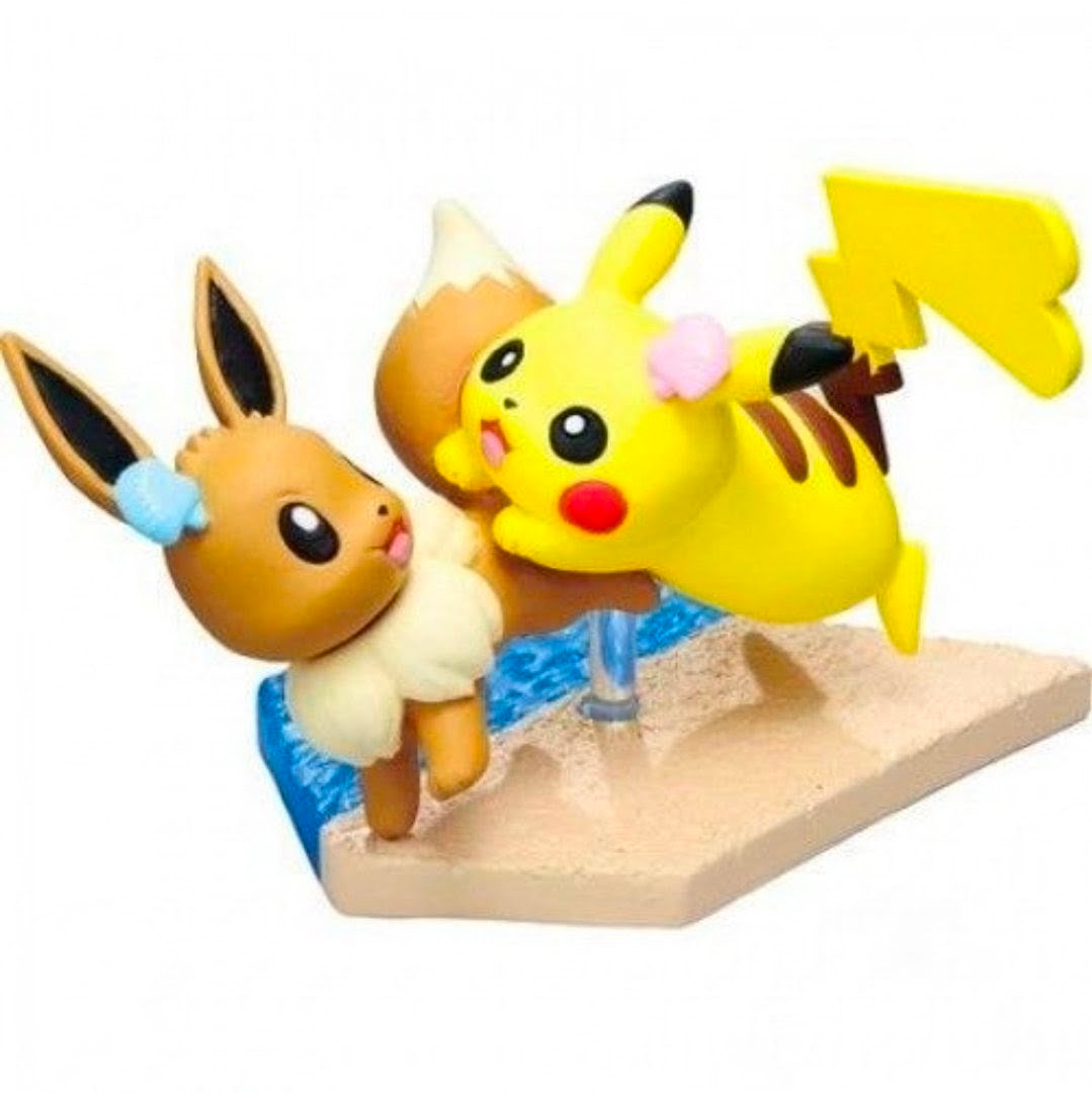 Seaside mini figure set: brown Eevee and yellow Pikachu standing on blue water platform