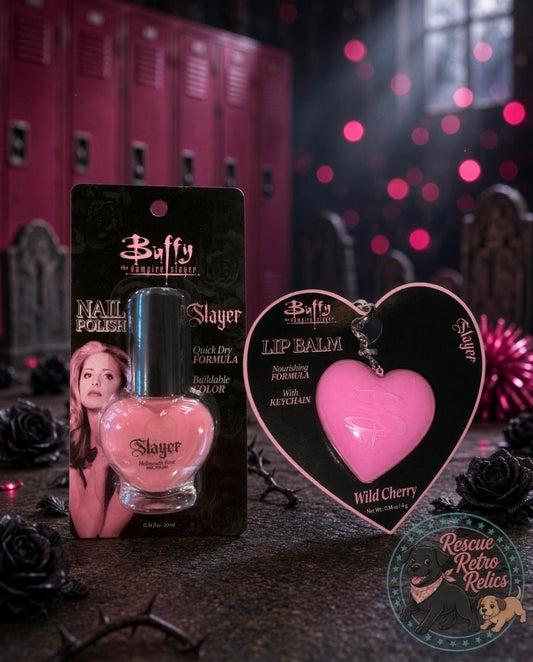Lip balm keychain heart and nail polish blister pack presented together in a set.