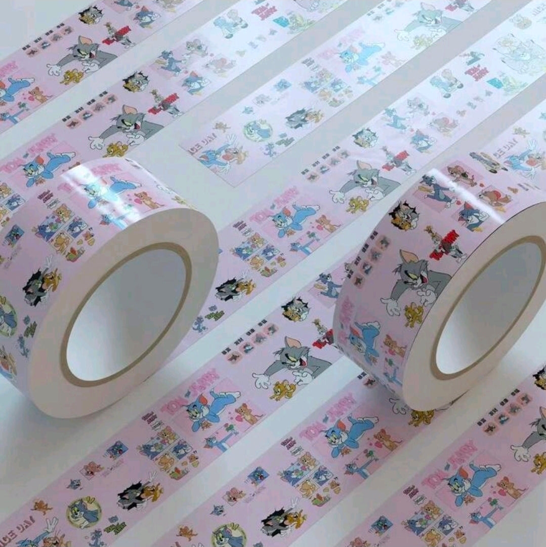 Pink washi masking tape roll, 1.6-inch wide, Tom & Jerry cartoon scenes