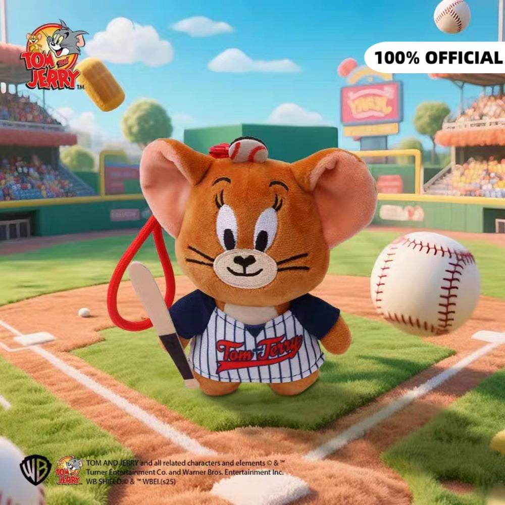 Orange mouse plush keychain, pinstripe baseball jersey with logo patch