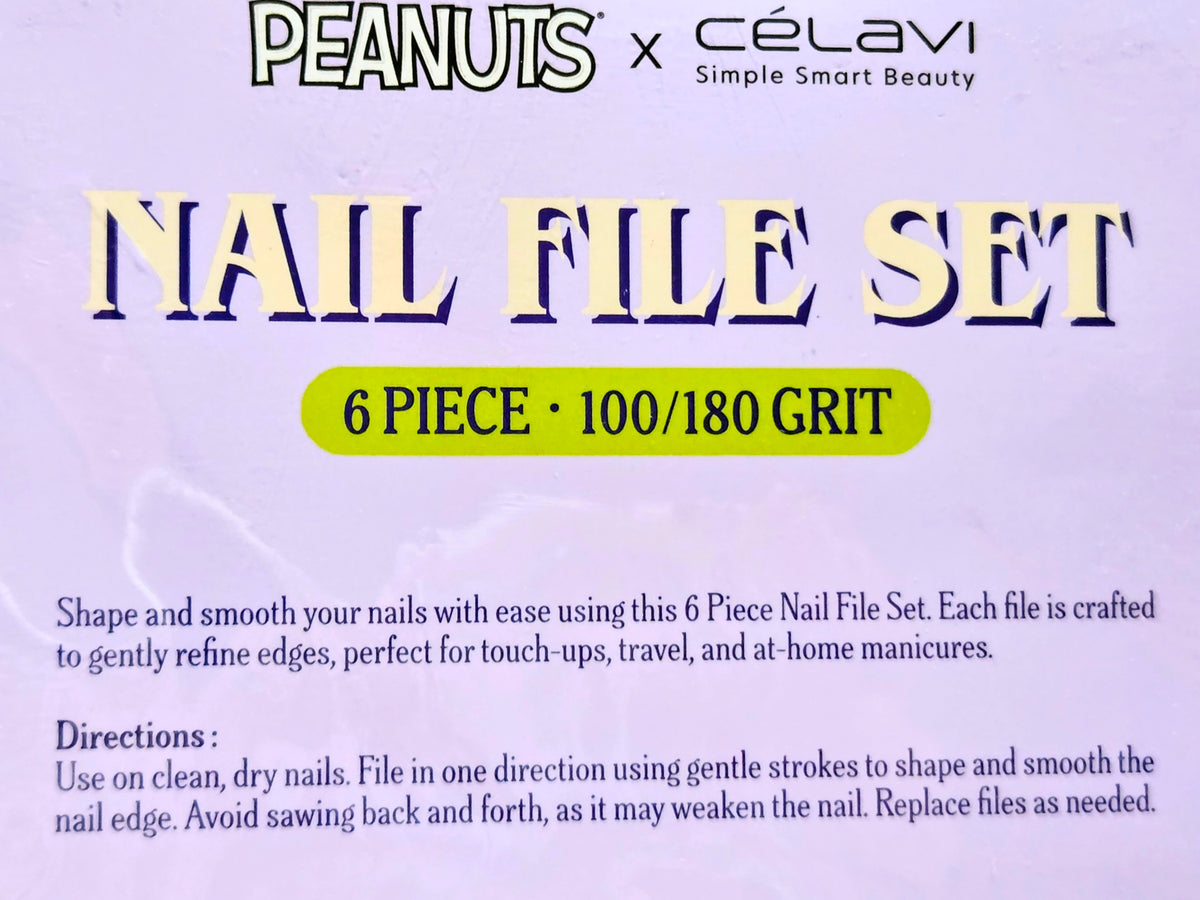 Peanuts x Celavi nail file set box front, 6 piece 100/180 grit