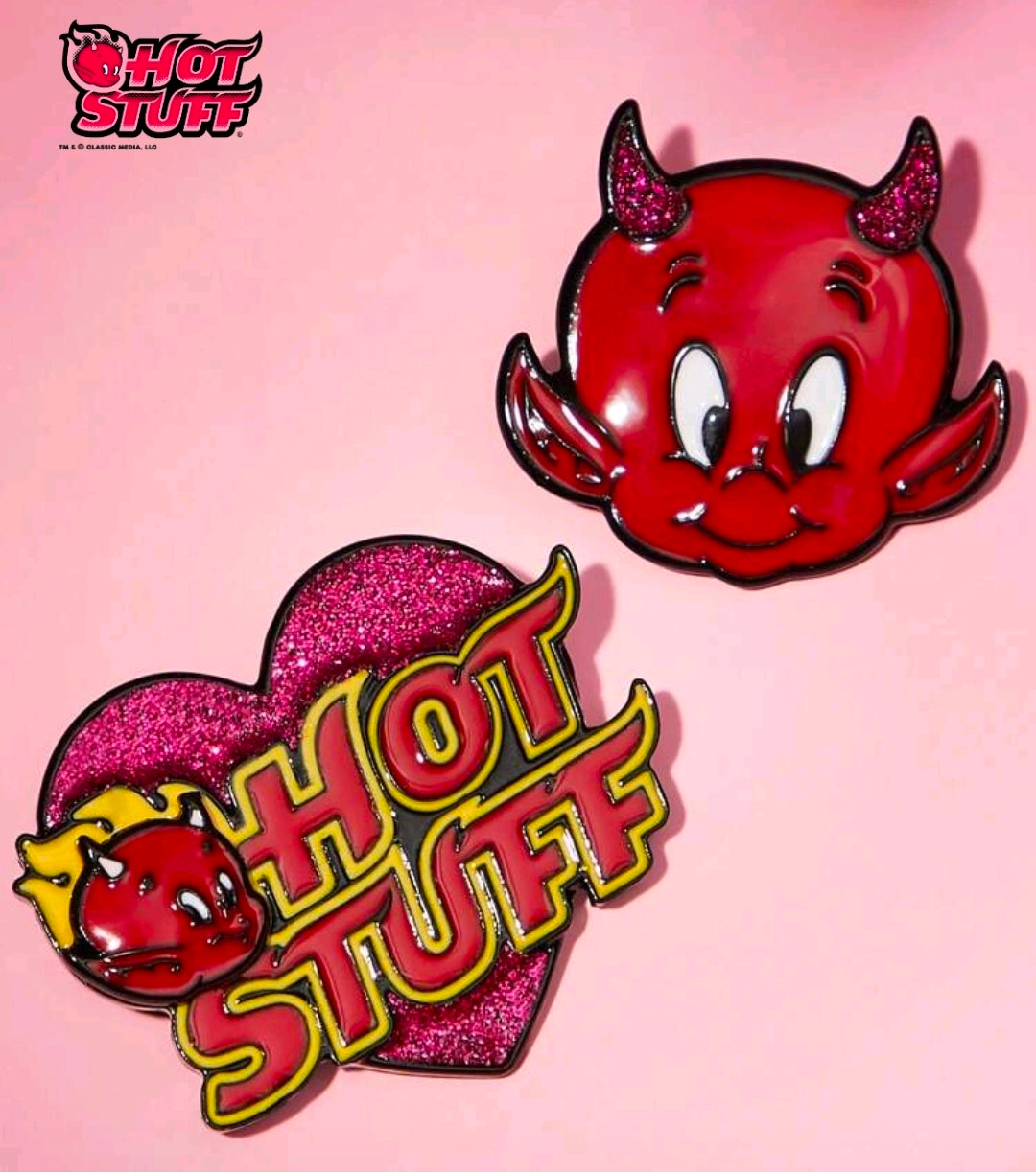 Enamel pins: red devil face with horns and pink glitter 'Hot Stuff' heart badge