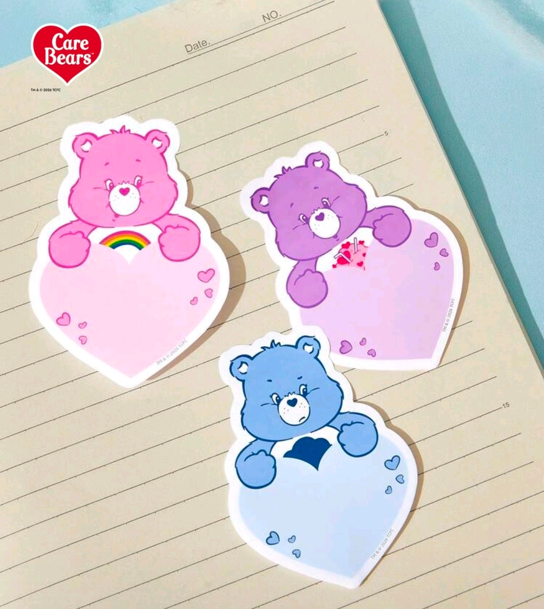 Care Bears heart-shaped sticky notes set with three die-cut bears on lined paper