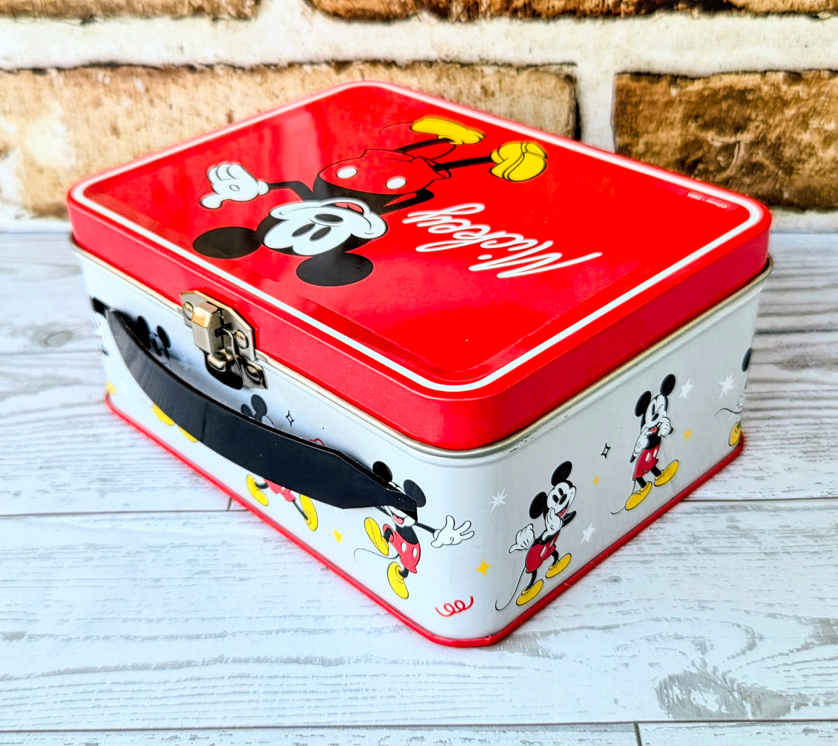 Red-and-white Minnie and Mickey snack tin with hinged lid