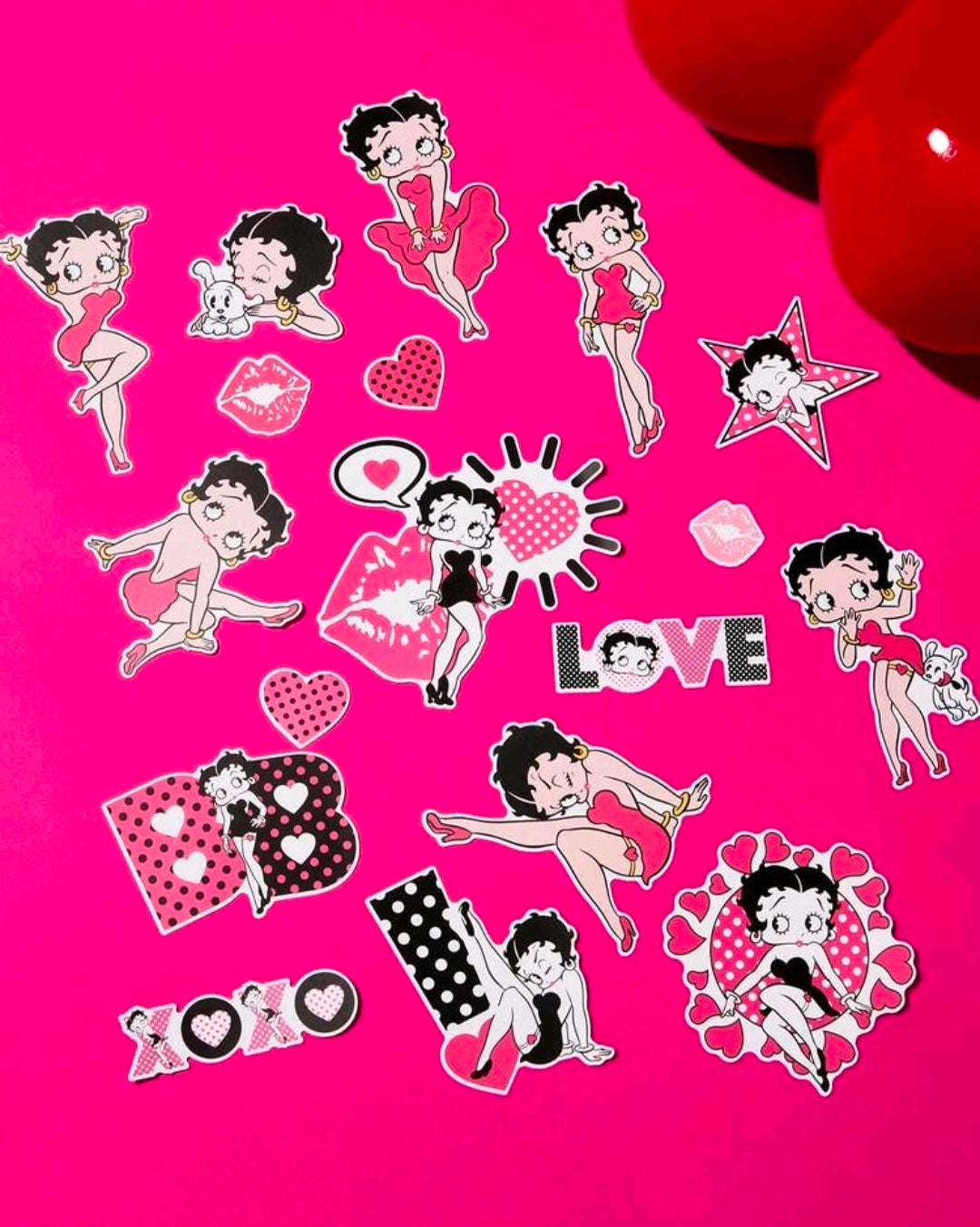 Betty Boop pink vinyl sticker set with multiple pin-up girls, hearts, and star