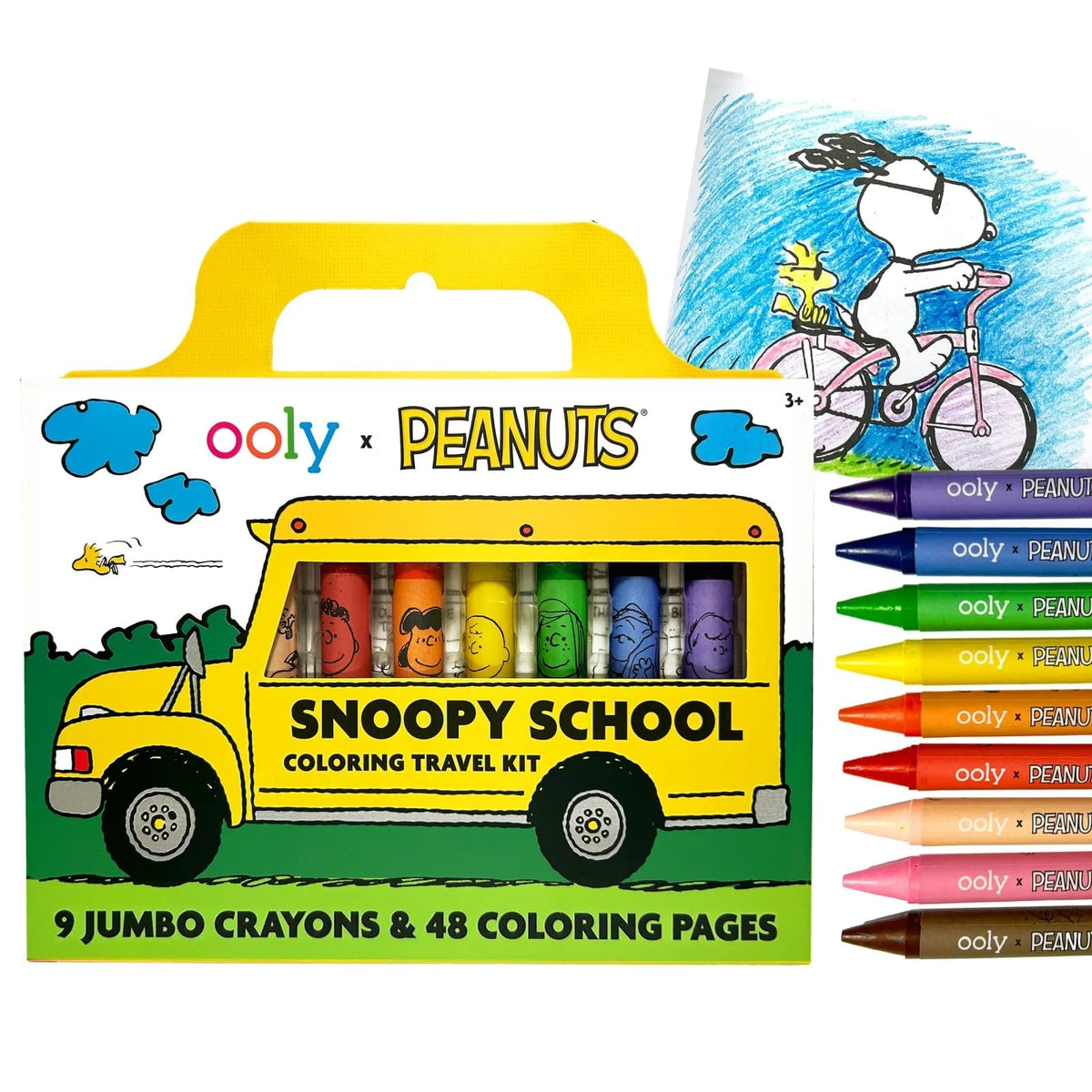 Snoopy School coloring travel kit with box, bike illustration, and 9 jumbo crayons