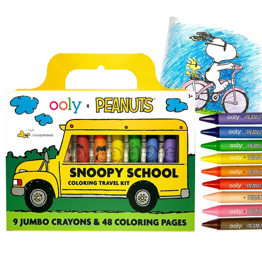 Snoopy School coloring travel kit with box, bike illustration, and 9 jumbo crayons