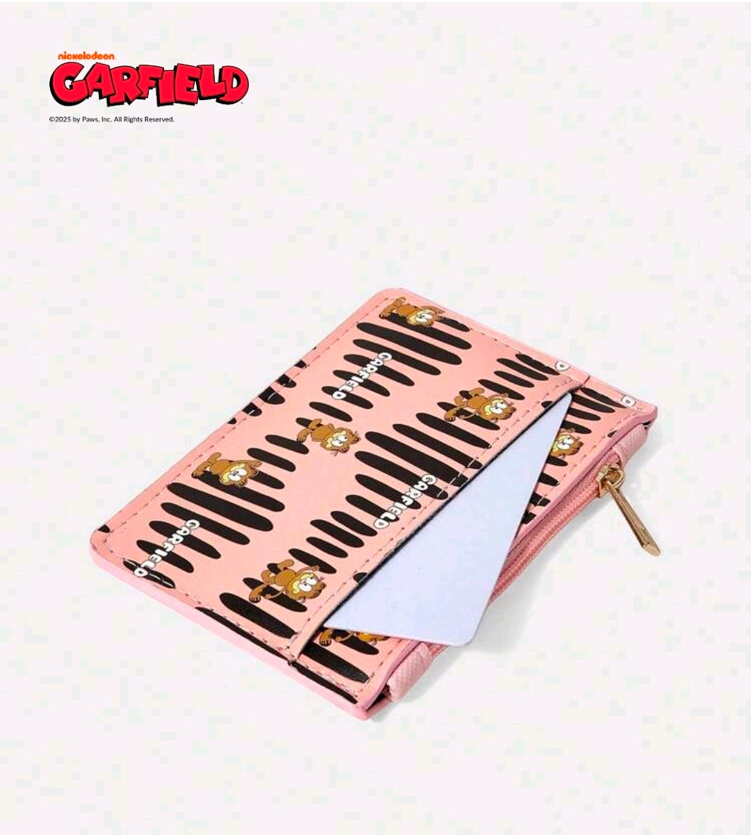 Pink zip coin purse wallet with Garfield black stripe pattern, gold zipper.