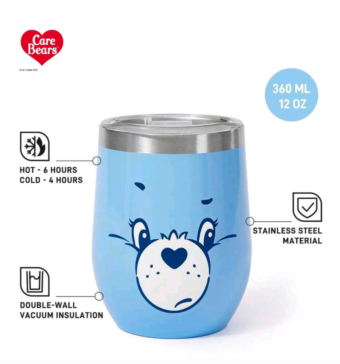 Blue double-wall insulated stainless steel tumbler with clear lid