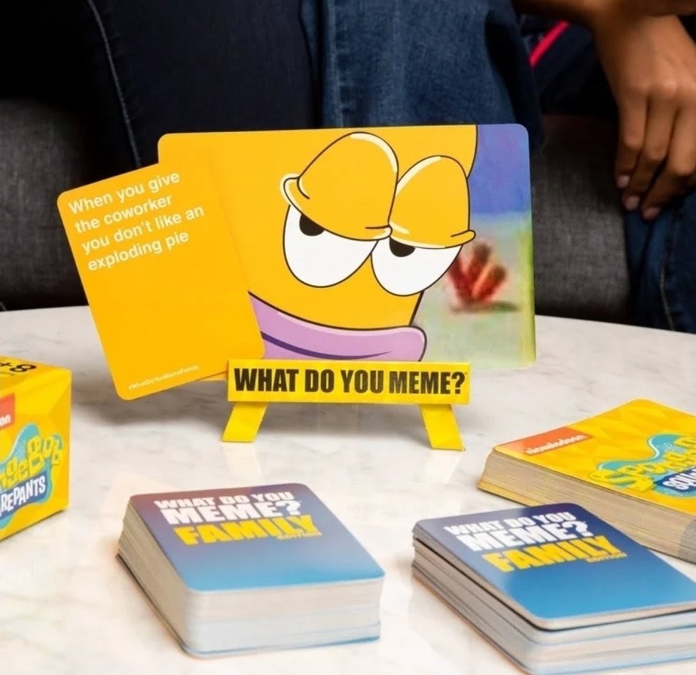 SpongeBob SquarePants What Do You Meme? Family prompt cards on a tabletop