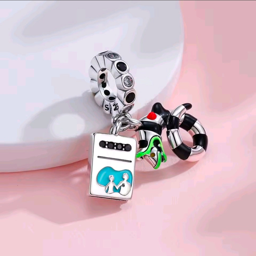 S925 silver charm with teal square pendant and black cauldron plus hoop ring