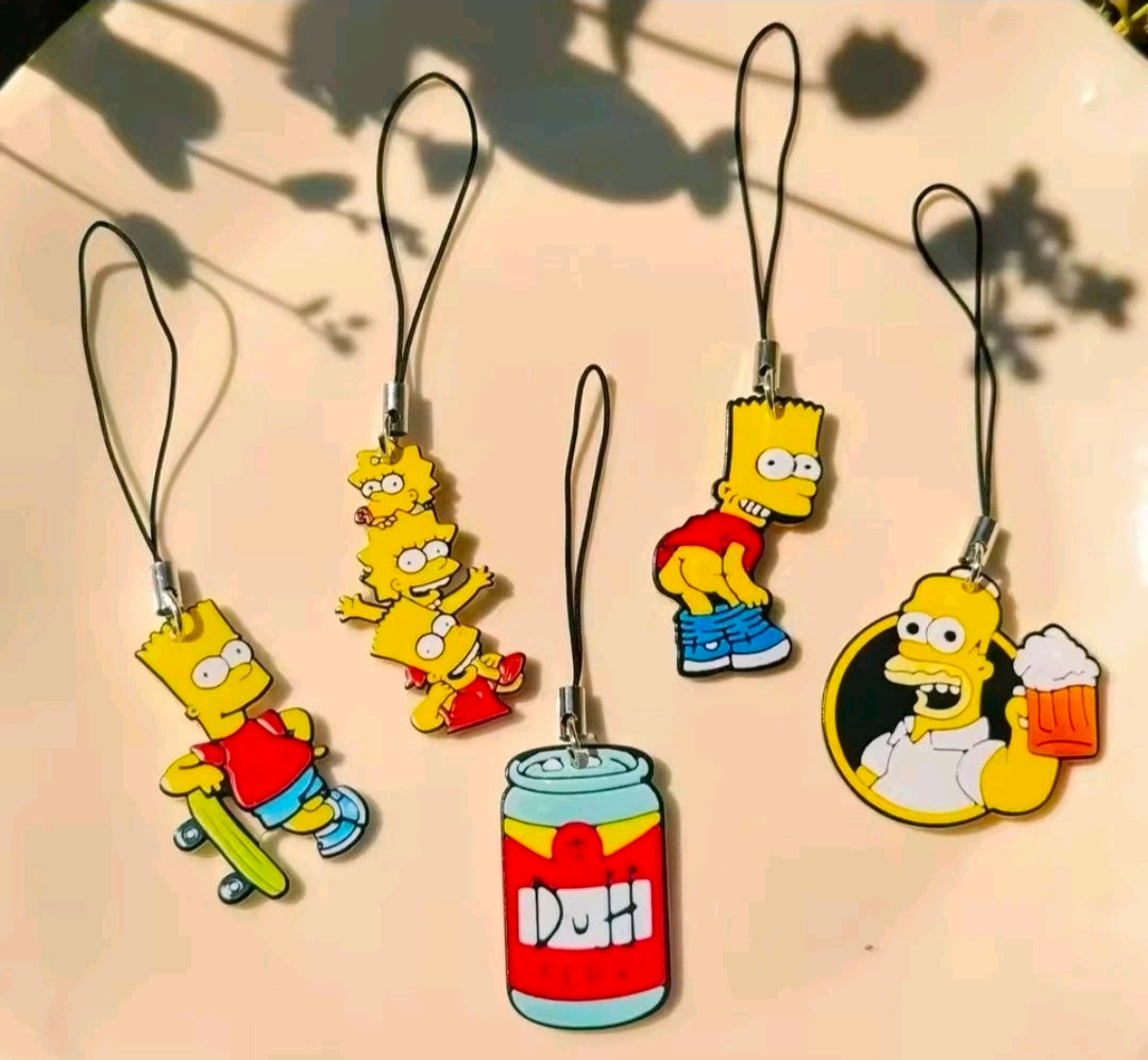 Five Simpsons character acrylic phone charms on black lanyard straps