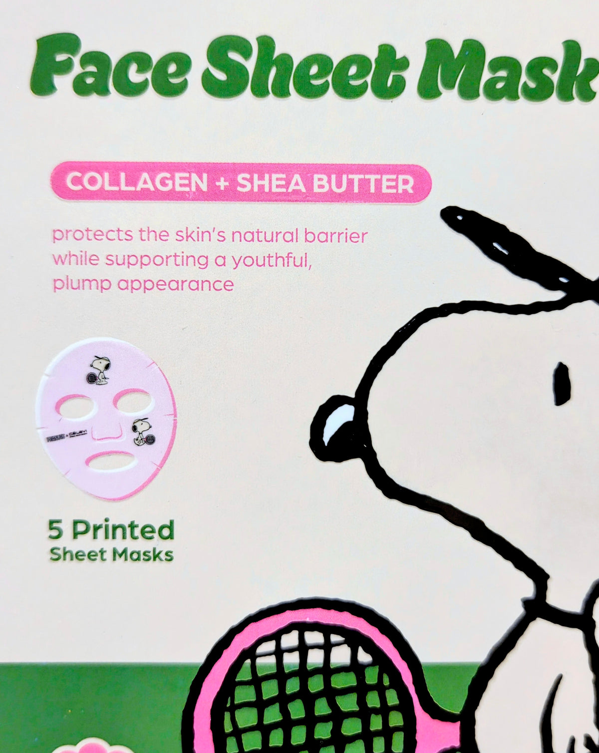 Face sheet mask pack close-up: collagen + shea butter text and Snoopy illustration