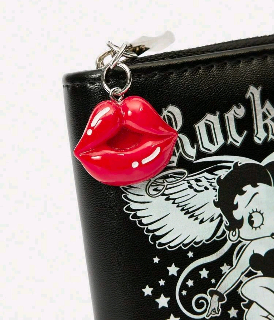 Black zip wallet with red lips charm on metal ring and tattoo wings graphic