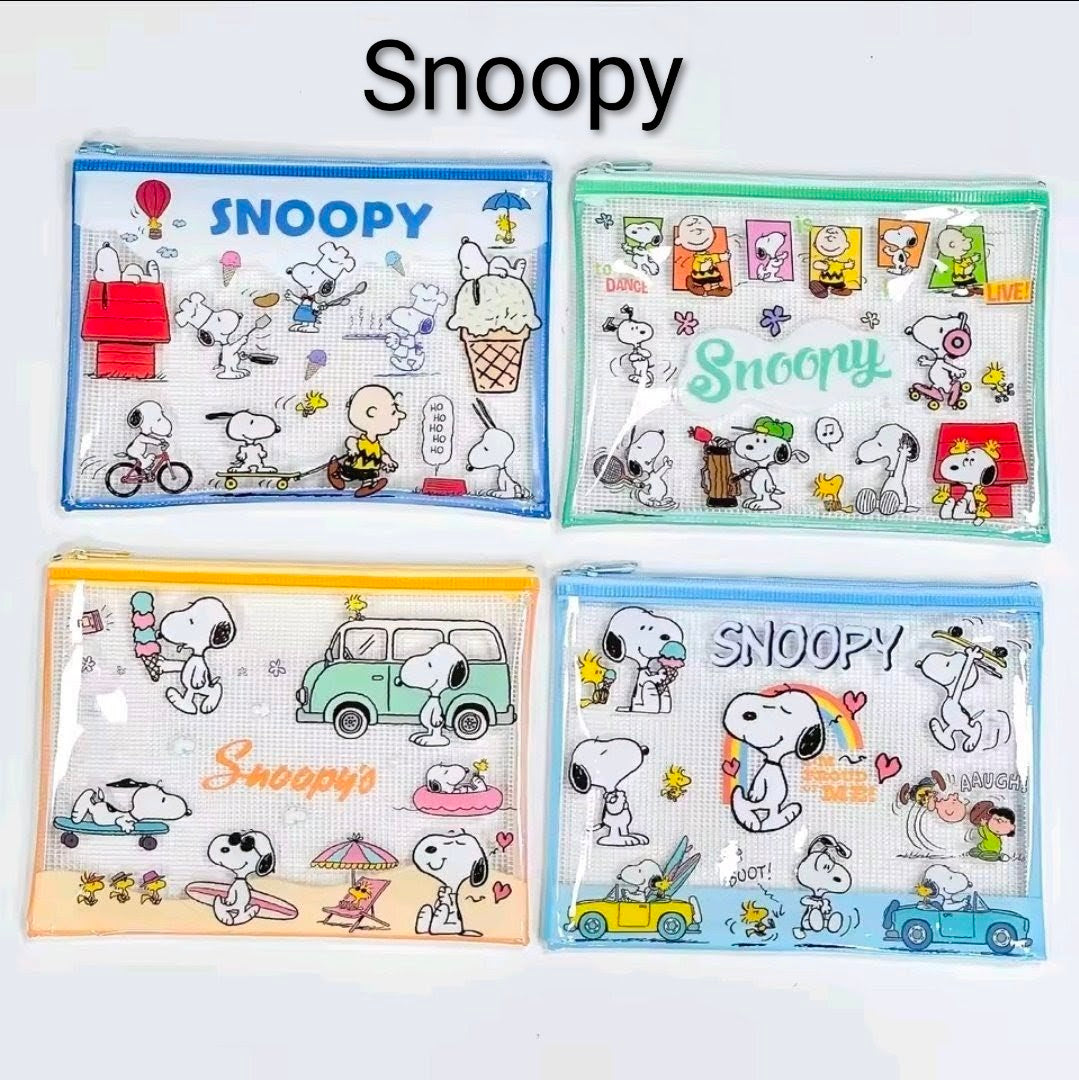 Snoopy Peanuts A5 Mesh Zip Pouch Bag Clear Kawaii Stationery Cosmetic Charlie Brown Woodstock