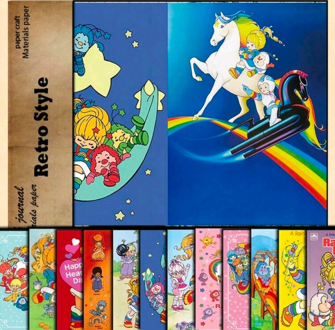 Retro Style Rainbow Brite paper pack cover with unicorn and rainbow, plus multiple strips