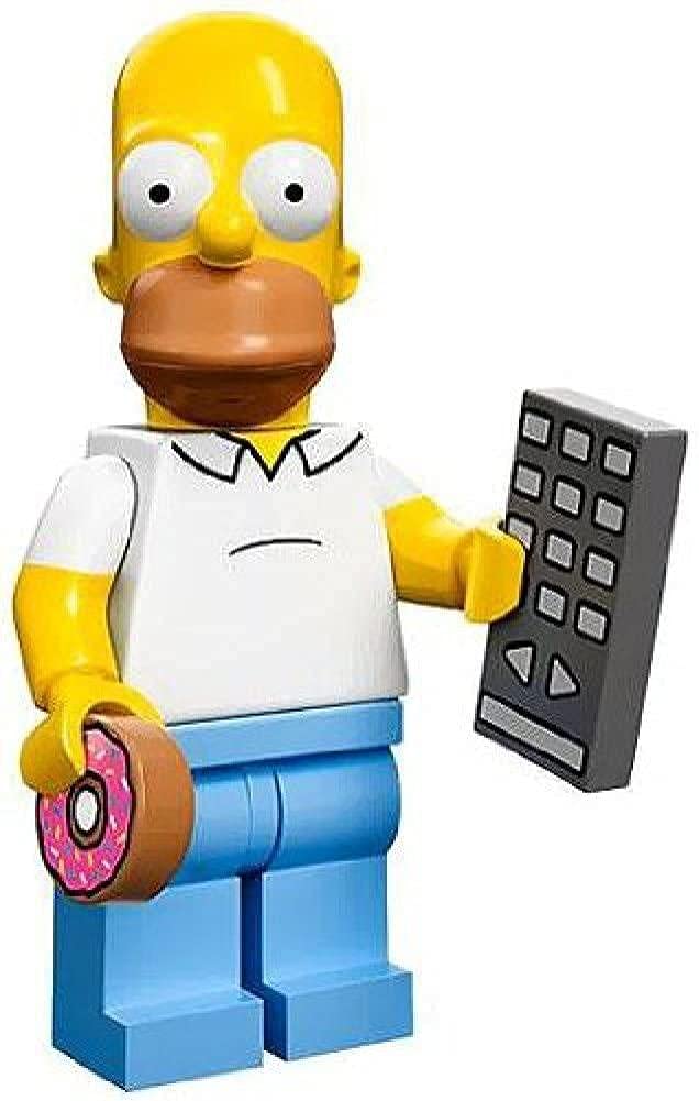 Homer mini brick figure with donut and remote, white shirt and blue pants