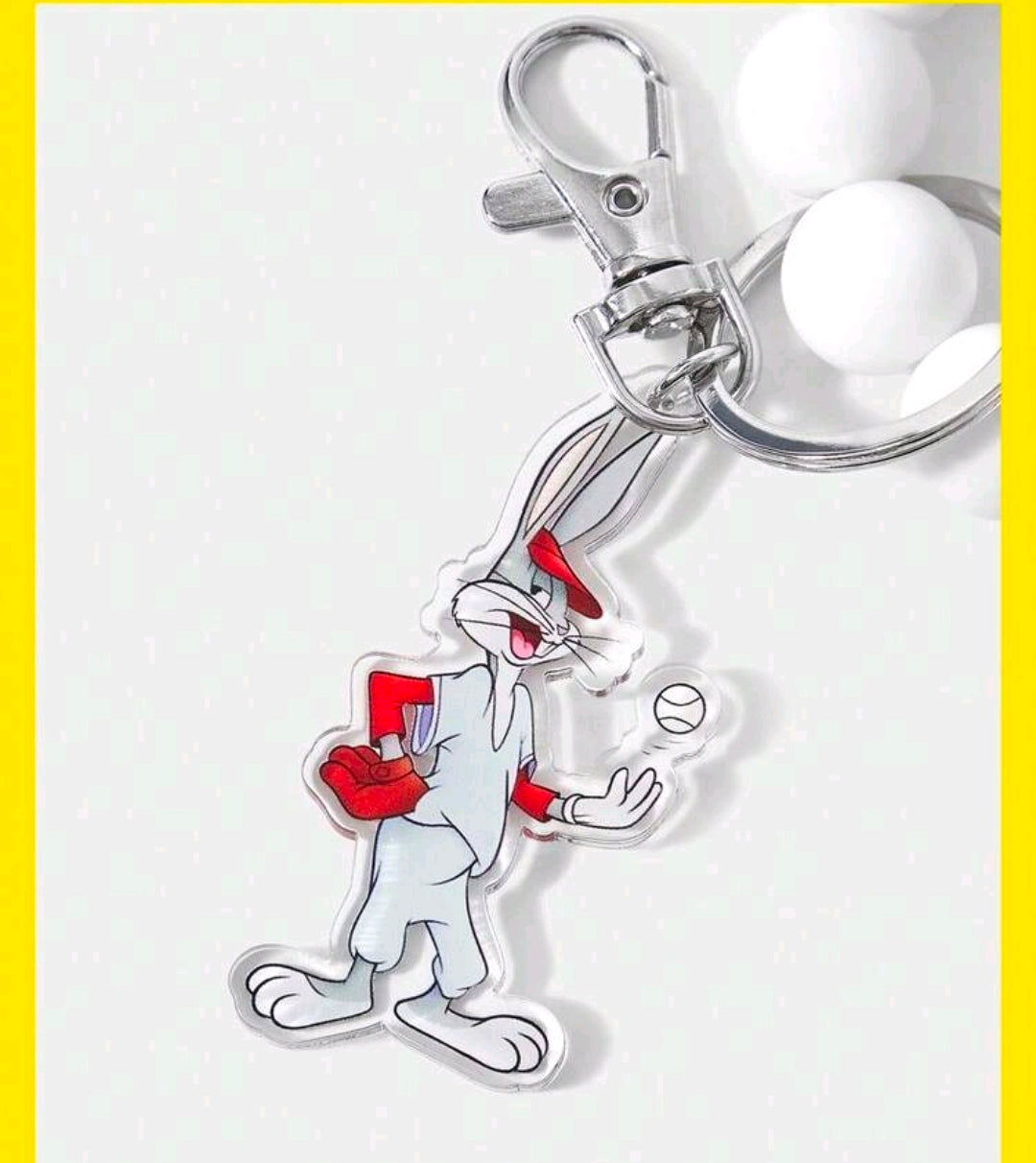 Silver keychain clip with Bugs Bunny charm and red-white baseball bead