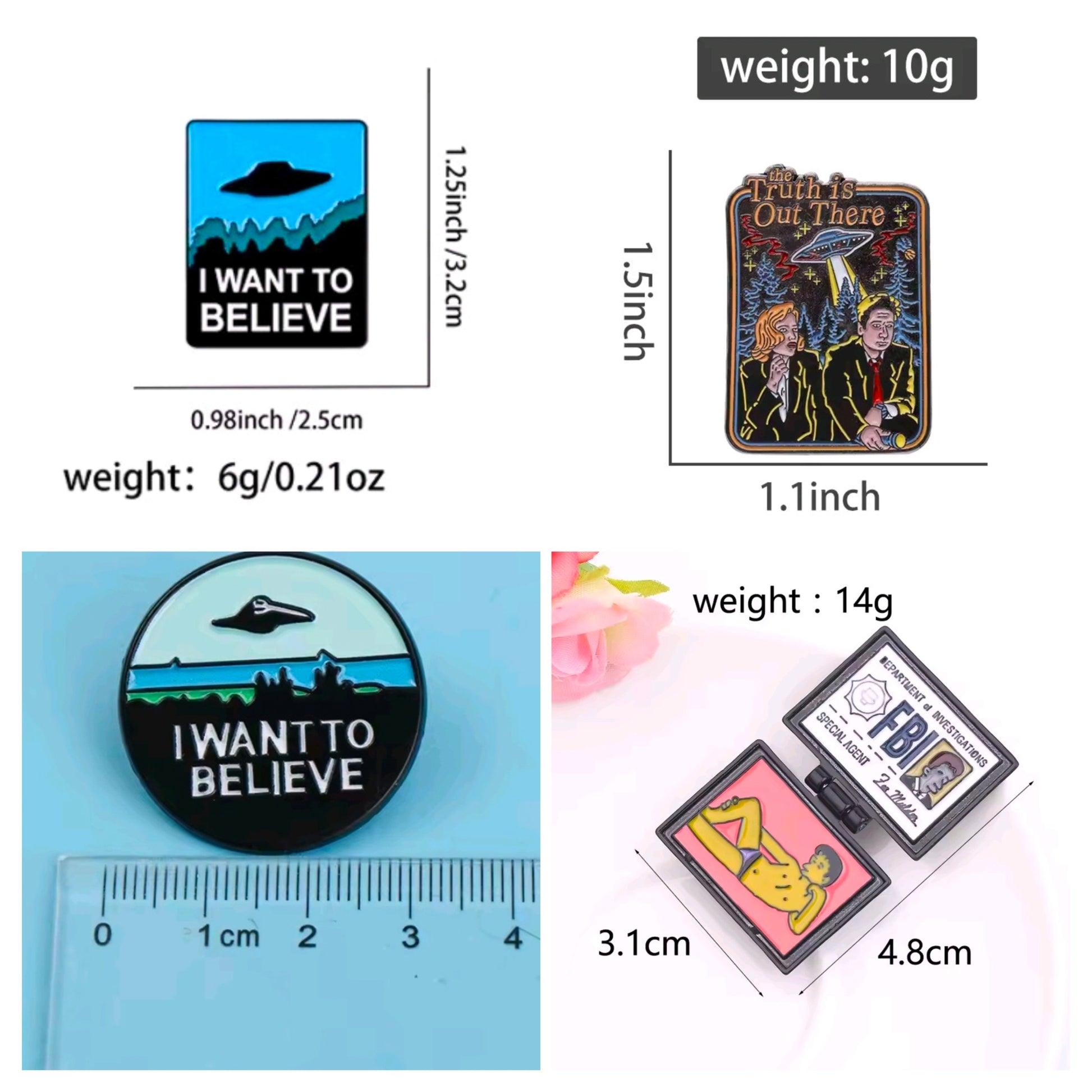 Enamel pins size chart showing “I Want to Believe” and “Truth is Out There” pins.