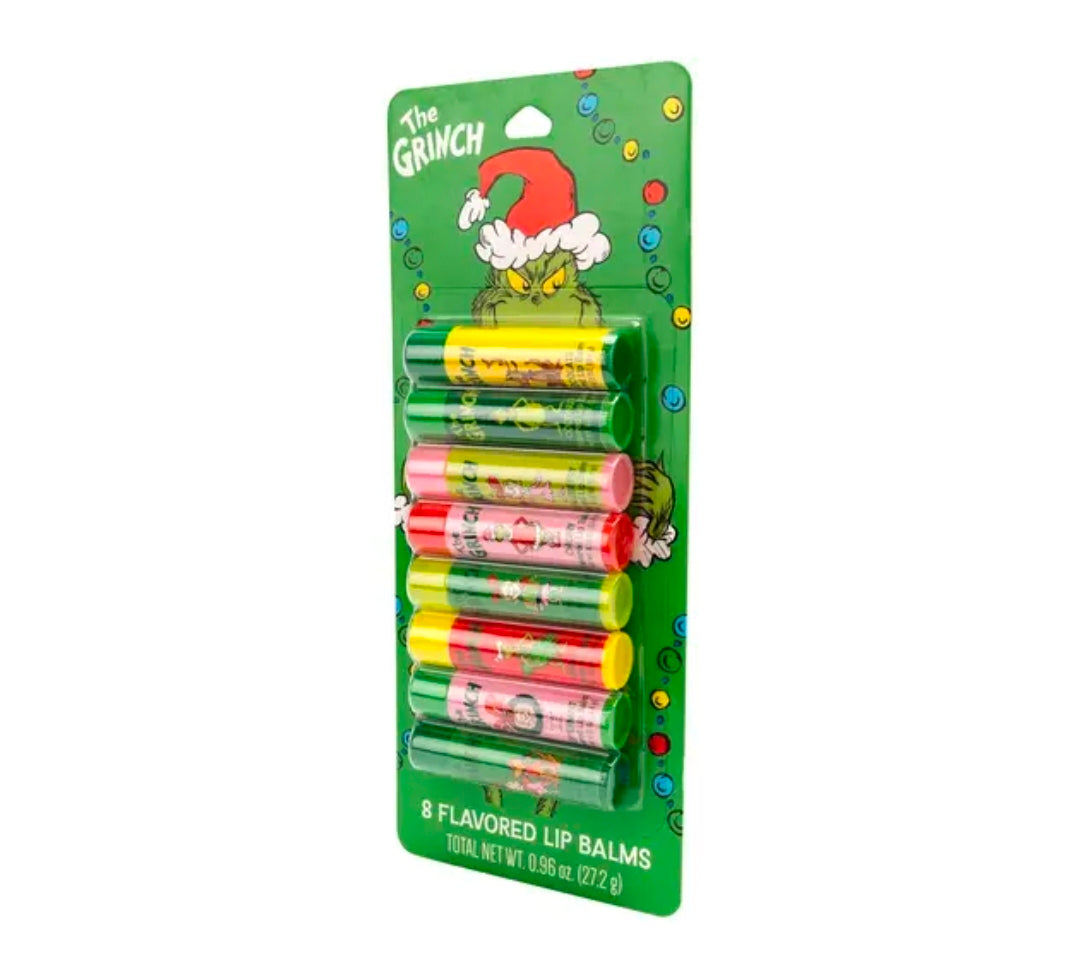 The Grinch 8-pack flavored lip balm blister card with eight tubes in different colors