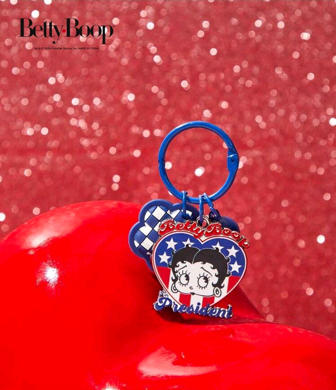 Patriotic Betty Boop enamel keychain with blue ring and President heart charm
