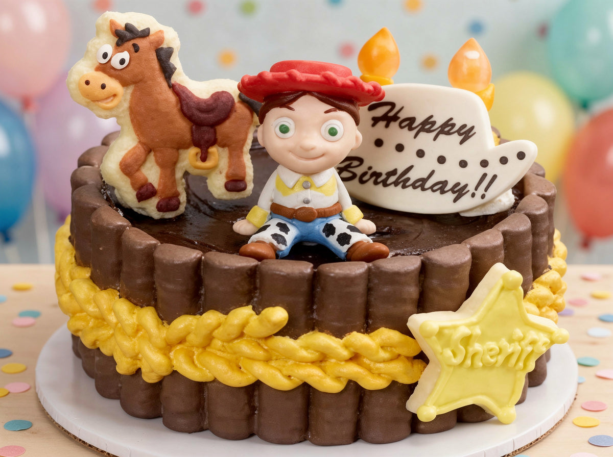Western birthday cake mini figure with cowboy character, candles, and star topper