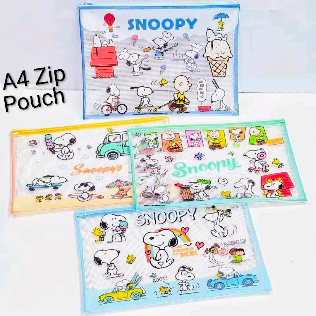 Snoopy Peanuts A4 Mesh Zip Pouch Pencil Case Clear Kawaii Stationery Bag Charlie Brown Woodstock