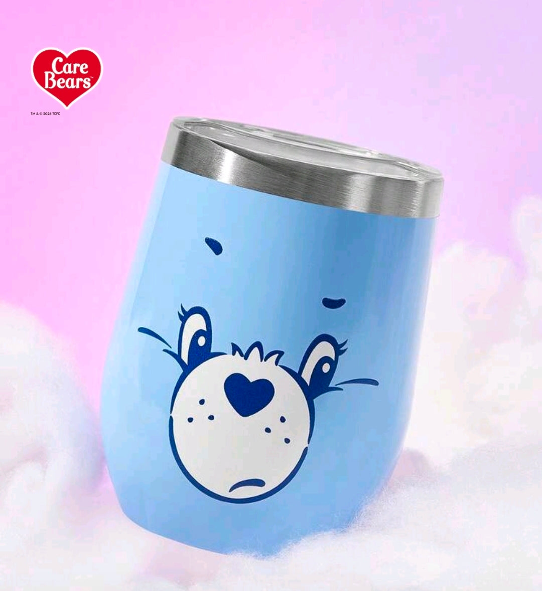Blue stainless steel tumbler with bear face design and silver lid