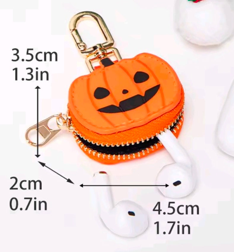 Orange pumpkin jack-o-lantern zip coin purse keychain with gold keyring