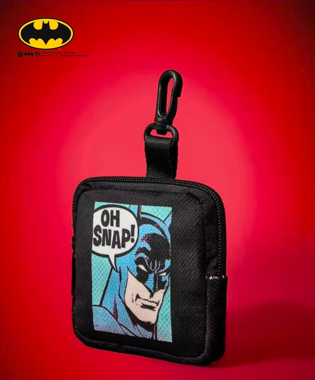 Black zip pouch with carabiner clip and 'OH SNAP!' Batman comic graphic