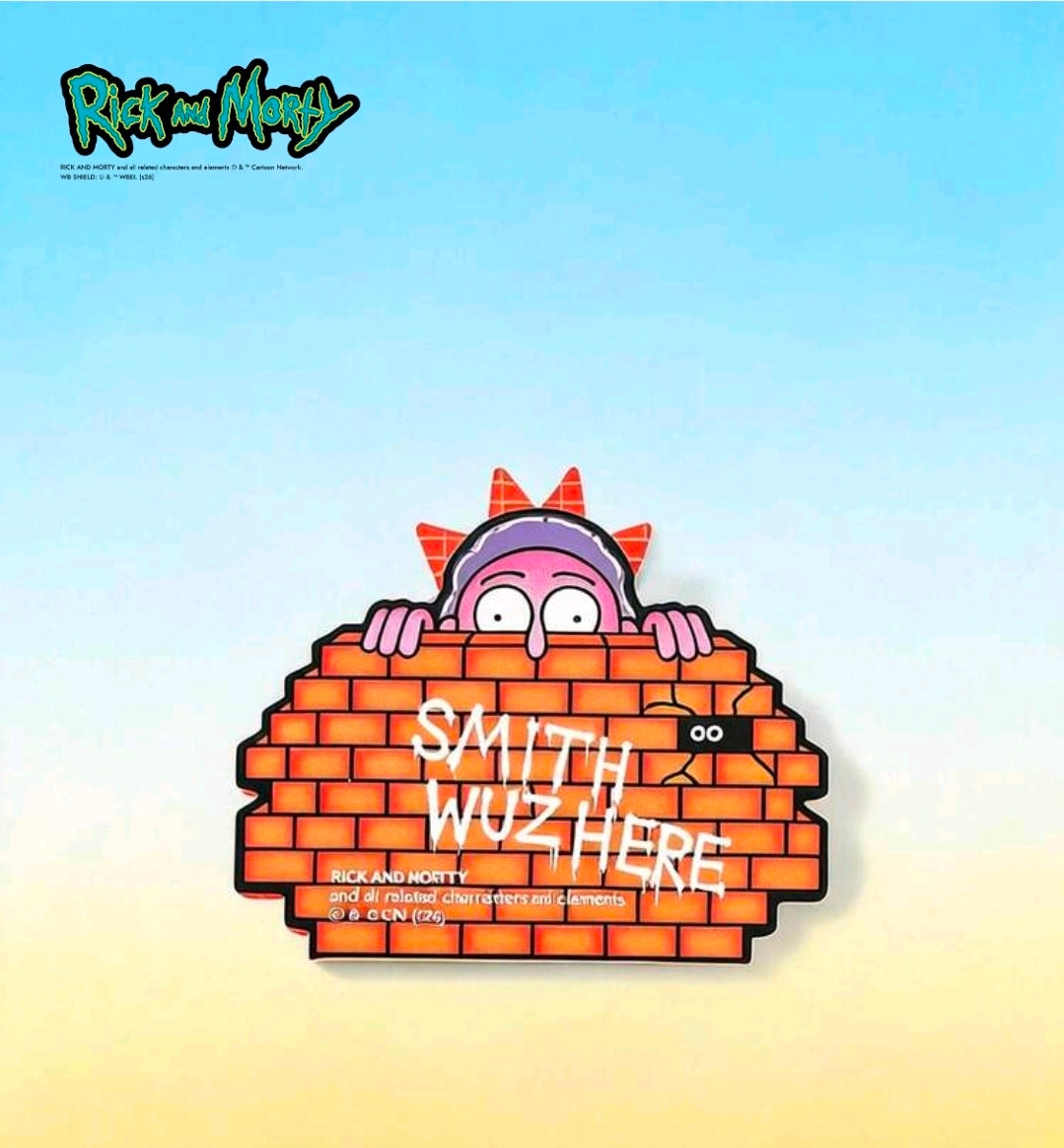 Brick-style die-cut sticky note with cartoon character inside and text