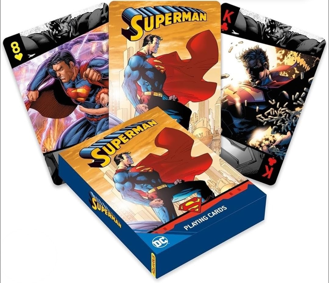 Superman DC Comics playing card deck with box and card faces, red-blue artwork