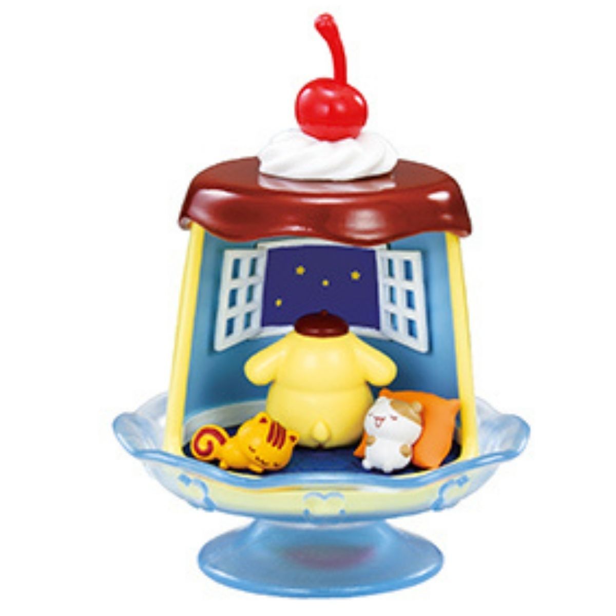 Mini collectible figure on blue stand with maroon roof, red cherry top, Pompompurin and small pet