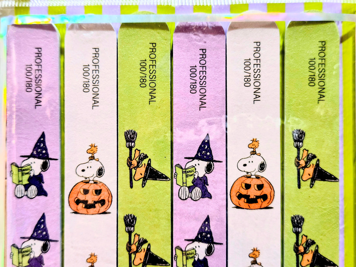 Nail file strips in purple, green, and pink with "PROFESSIONAL" text and Halloween icons