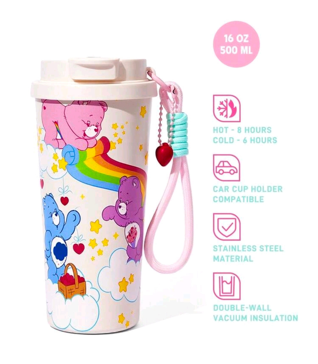 Care Bears 16 oz stainless tumbler with double-wall vacuum insulation and hot/cold hours