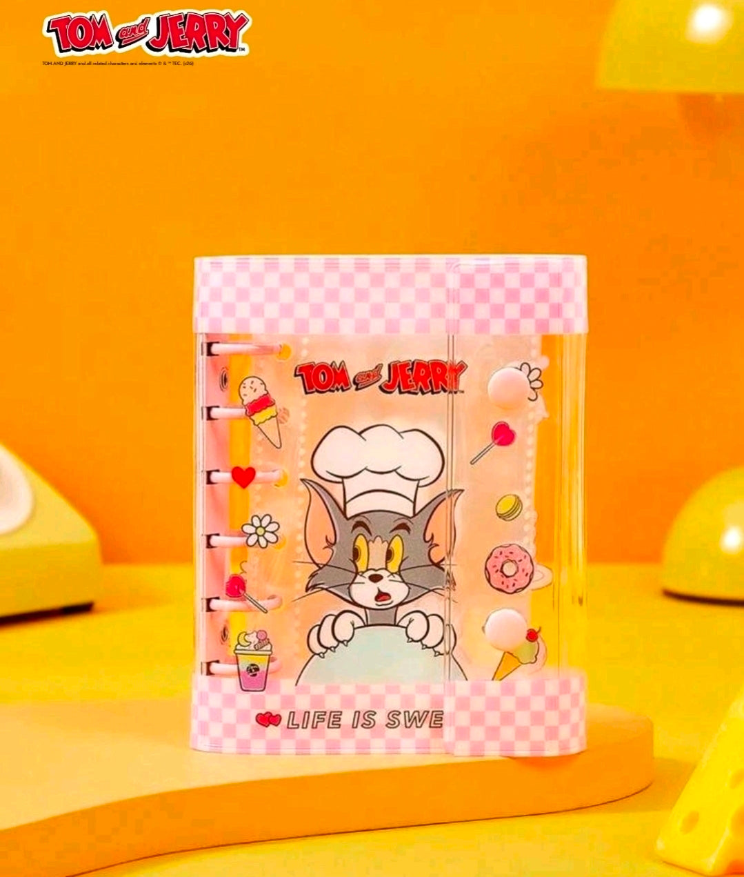 Pink sticker binder planner front cover with Tom and Jerry chef 'Life is sweet' hearts