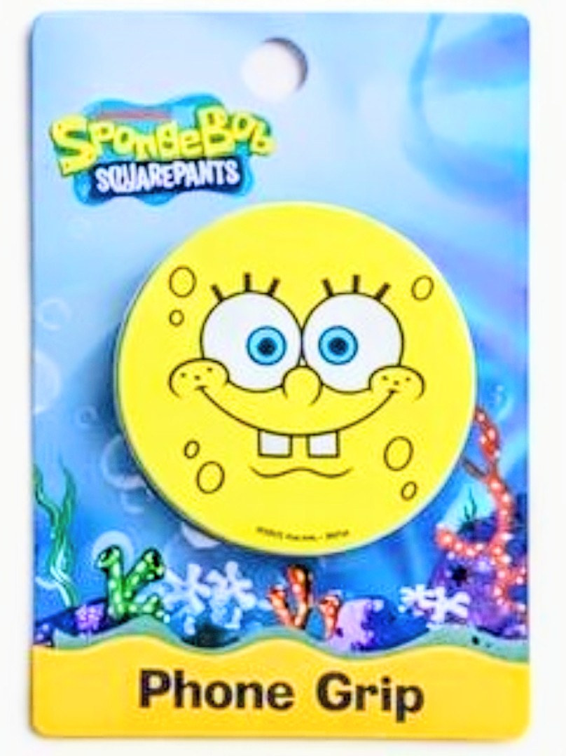 SpongeBob SquarePants phone grip in blister pack with smiling SpongeBob graphic