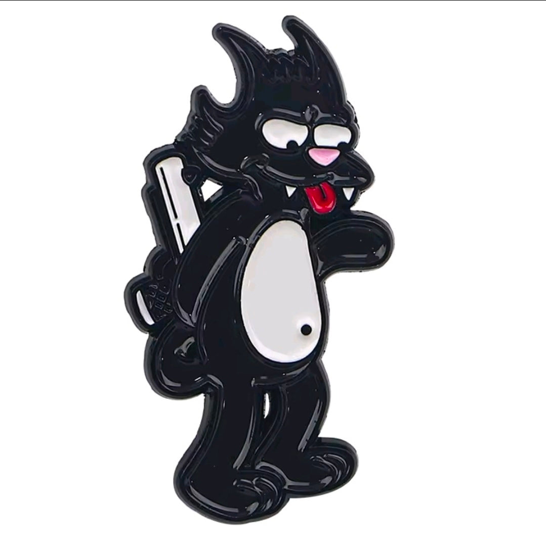 Black cat enamel pin with pink tongue and white belly