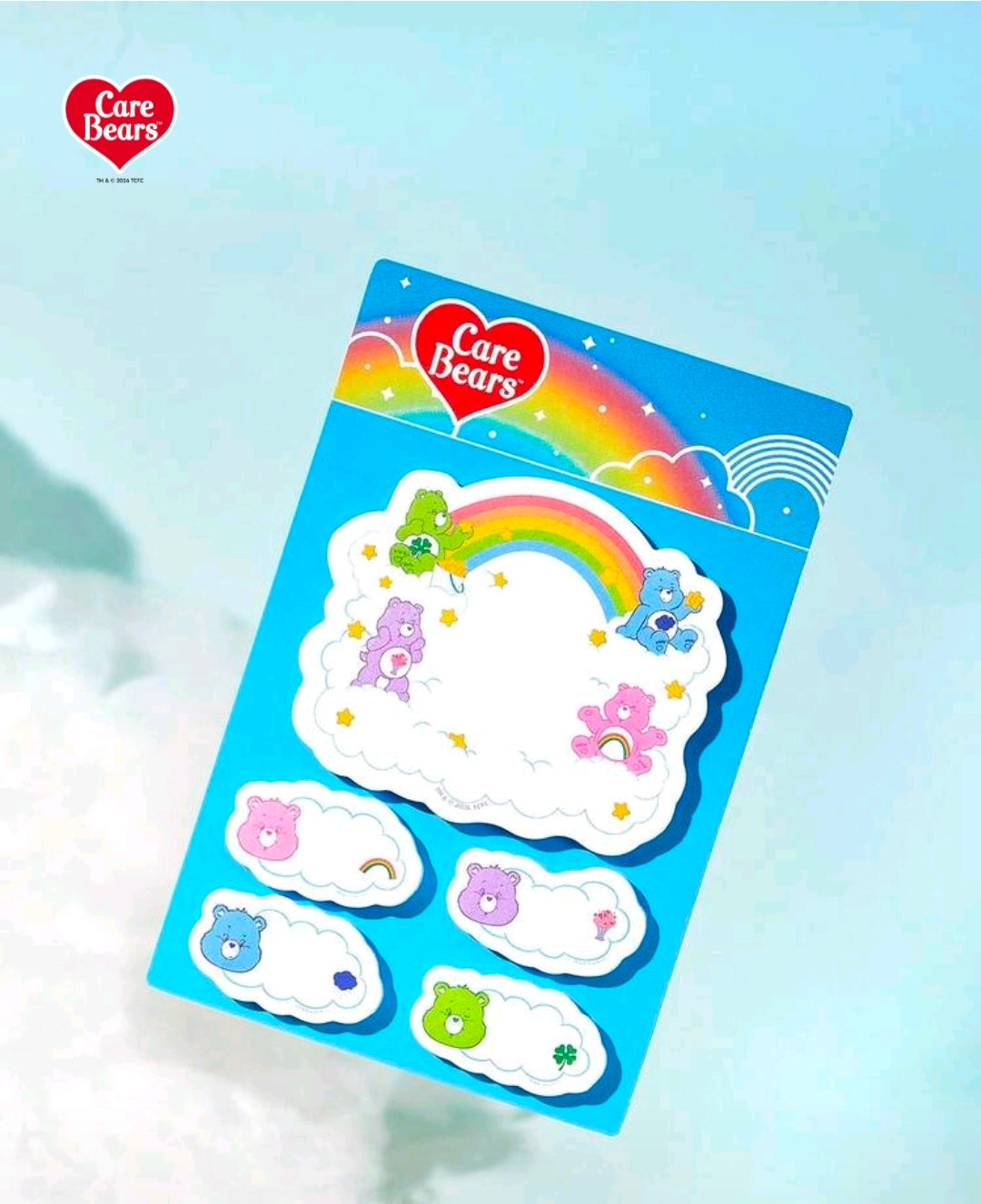 Care Bears rainbow cloud sticky notes and tabs pack, three cloud shapes with characters