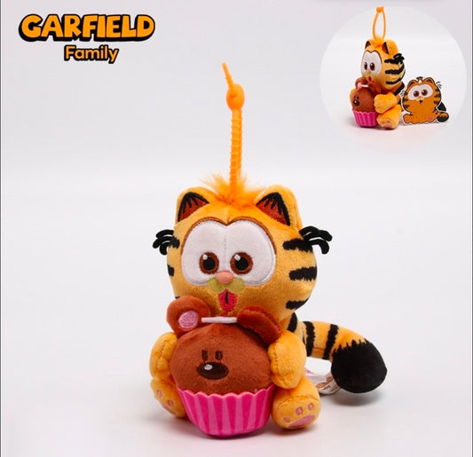 Garfield tiger cupcake plush keychain clip with brown bear and pink cupcake, hanging cord