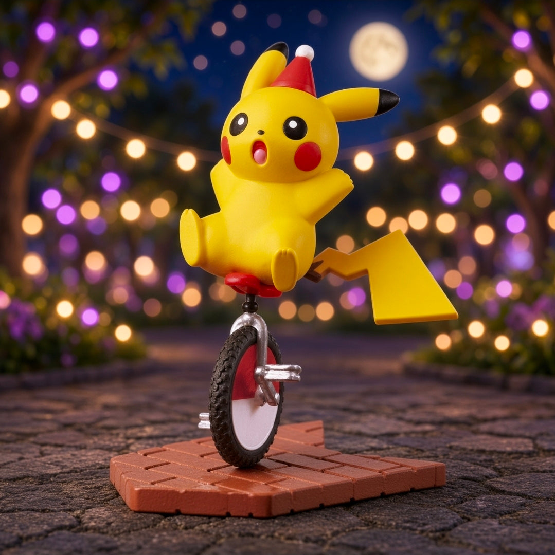 Pikachu mini figure on unicycle with red helmet, on orange-brown brick base