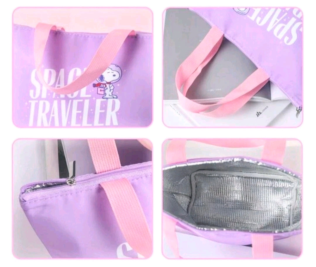 Insulated lunch bag tote with gray interior lining and pink handle straps