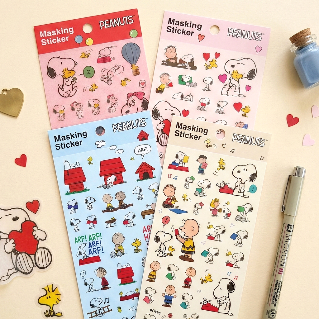 Snoopy Peanuts masking sticker sheets with hearts and characters, set of four colors